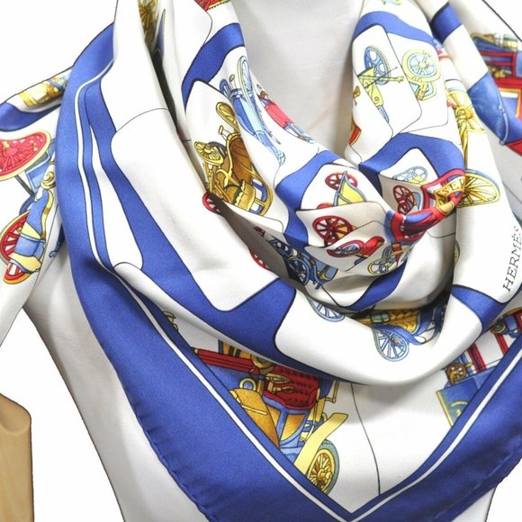 Authentic HERMES Carre 90 Scarf "CARROSSERIE" Silk Blue - Picture 11 of 14